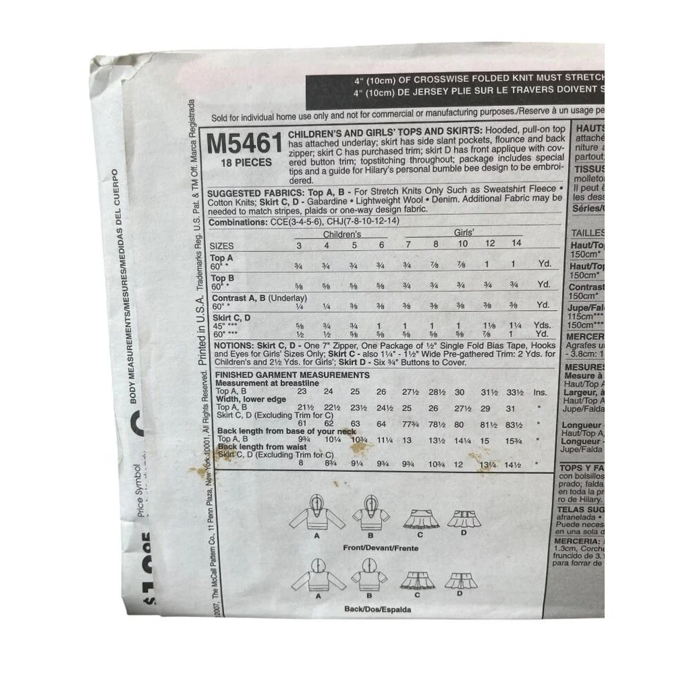 McCalls M5461‎ Sewing Pattern Girls Tops & Skirts Sizes 7-14 Hilary Duff